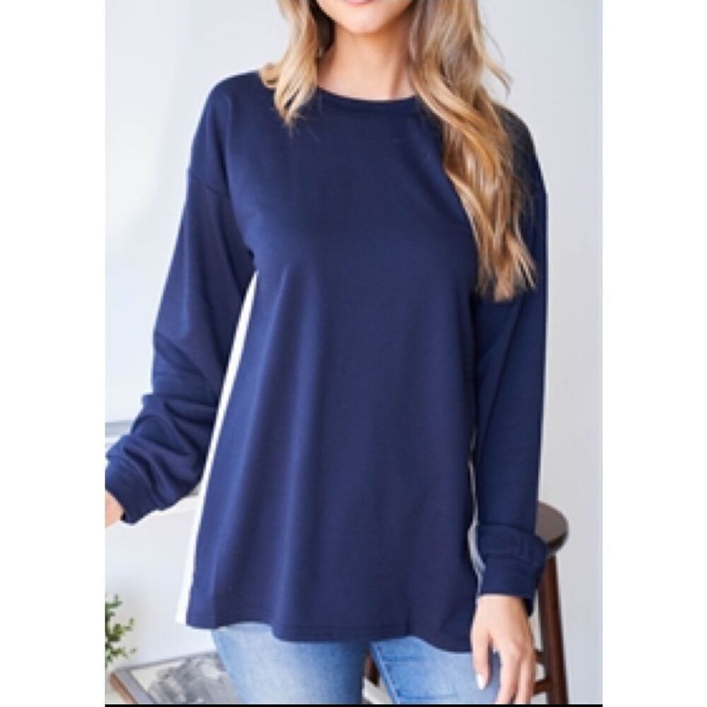 Very J Two Tone Long Sleeve Blouse Navy Ivory Medium